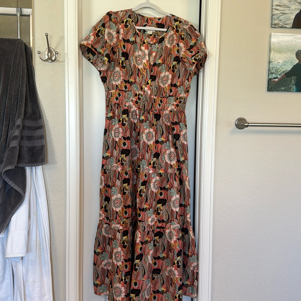 Maeve Coral Floral Maxi Dress with Black & Cream Accents